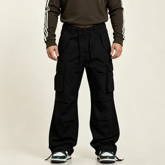 Men Wide Leg Cargo Pants 4-Way Stretch Twill Elastic Drawstring Casual Work Trousers S-XL