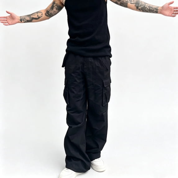 Men Wide Leg Cargo Pants Durable Twill Relaxed Fit Drawstring Outdoor Travel Trousers S-XL