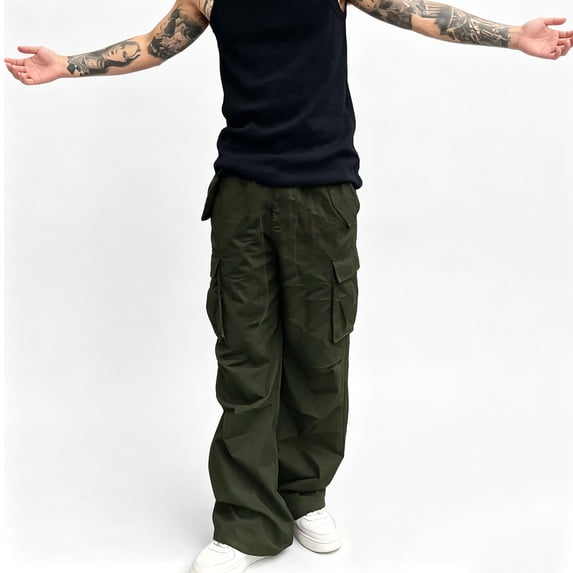 Men Wide Leg Cargo Pants Durable Twill Relaxed Fit Drawstring Outdoor Travel Trousers S-XL