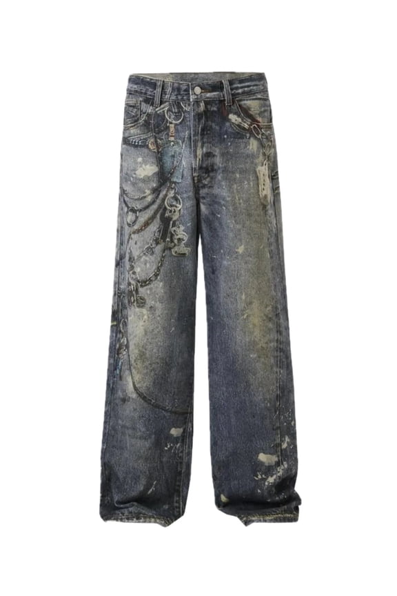 Men Wide Leg Distressed Jeans Printed Casual Trendy Washed Denim For Everyday Wear Versatile Fit Comfortable Daily Style