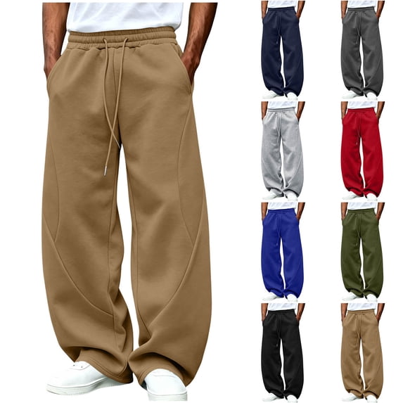Men Wide Leg Sweatpants Sevevn Elastic Drawstring Waist Slant Hand Pockets Solid Knit Trousers For Gym Sports Street Casual Daily Outfits