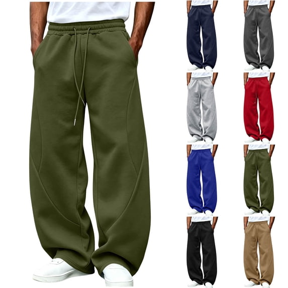 Men Wide Leg Sweatpants Sevevn Elastic Drawstring Waist Slant Hand Pockets Solid Knit Trousers For Gym Sports Street Casual Daily Outfits