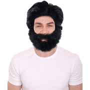 HPO Adult Mens Black Wig & Fake Beard Set   Synthetic Facial Hair with Halloween & Cosplay Party