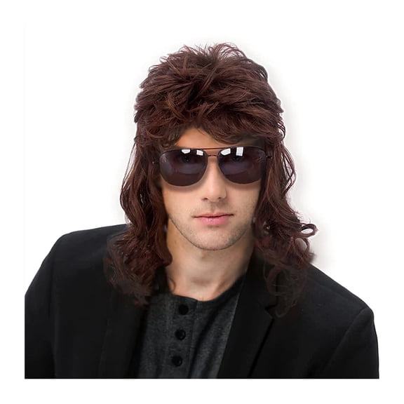 Men Wigs 80s Disco Mullet Wig Long Curly Male Wig Halloween Costumes Punk Rocker Wig Soft High Temperature Synthetic Fiber Wigs