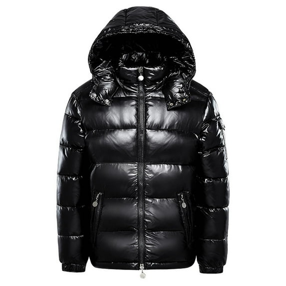 Men Windproof Jacket Solid Bright Padded Coat Large Size Hoodie Winter Thick Warm Coats Zipper Hooded Quilted Jacket for Mens A-Black L