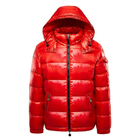 Men Windproof Jacket Solid Bright Padded Coat Large Size Hoodie Winter Thick Warm Coats Zipper Hooded Quilted Jacket for Mens A-Red XL
