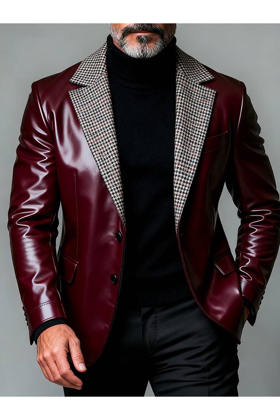 Men Wine Red Glossy Faux Leather Blazer Houndstooth Tweed Notch Lapel Single Breasted Slim Business Jacket