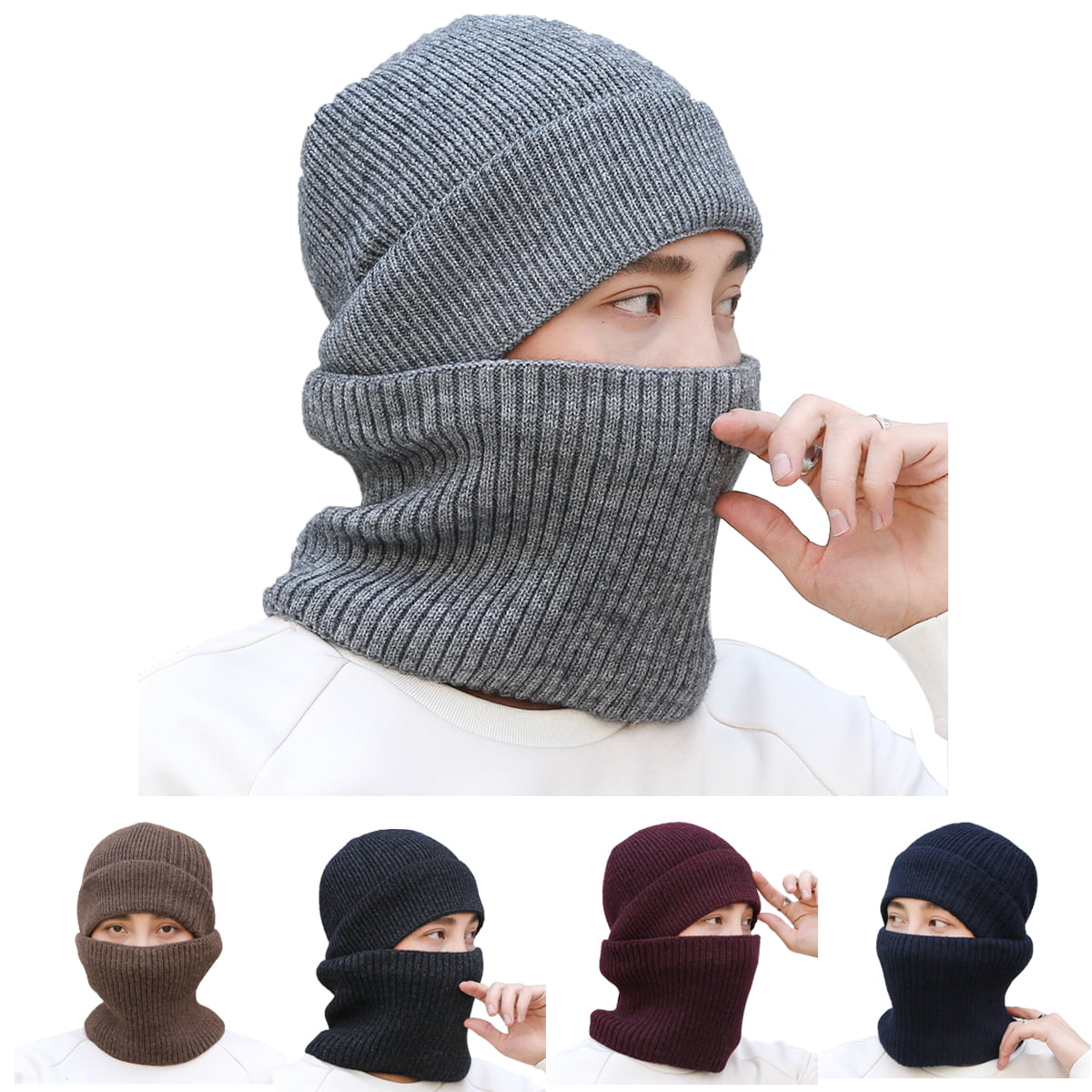 2pcs Mens Winter Outdoor Casual Knitted Velvet Hat Scarf - Jewelry