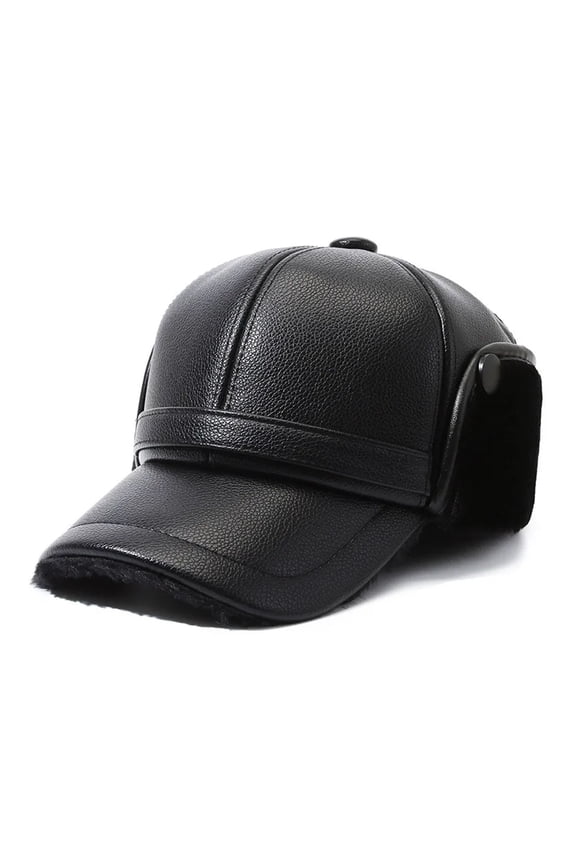 Men Winter Baseball Caps With Foldable Earflaps Warm Hats Dome Artificial Leather 58cm Curved Brim Ear Protection