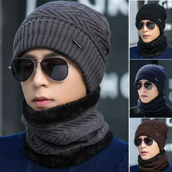 Men Winter Beanie Hat Scarf Set Cable Knit Hat Warm Fleece Lined Winter Cap with Neck Warmer