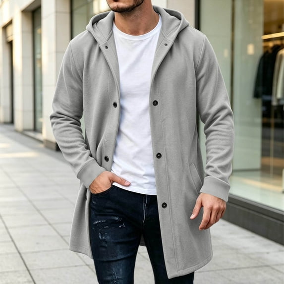 Men Winter Cardigan Jacket Hooded Button Mid Long Down No Zip Casual Long Sweatshirt Outerwear with Pockets Ribbed Cuffs