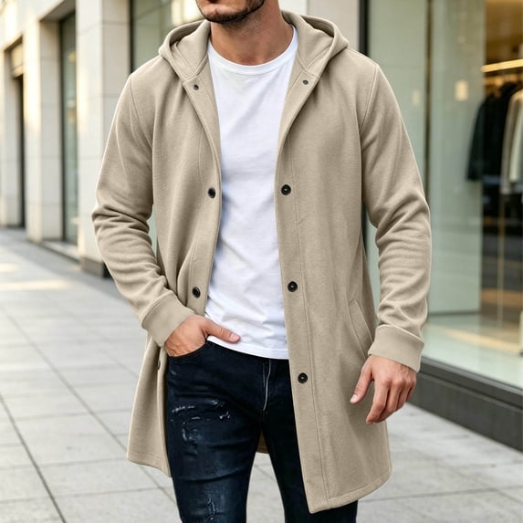 Men Winter Cardigan Jacket Hooded Button Mid Long Down No Zip Casual Long Sweatshirt Outerwear with Pockets Ribbed Cuffs