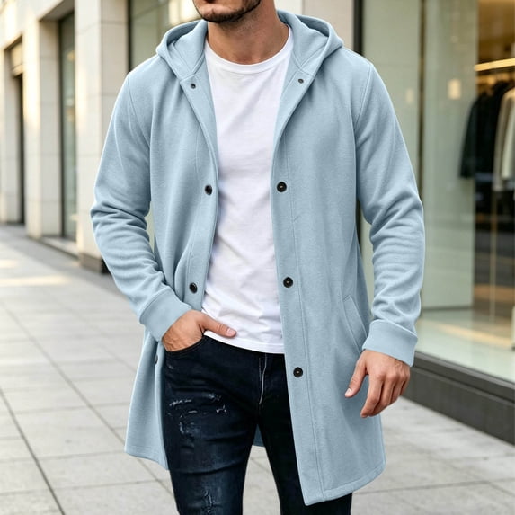 Men Winter Cardigan Jacket Hooded Button Mid Long Down No Zip Casual Long Sweatshirt Outerwear with Pockets Ribbed Cuffs