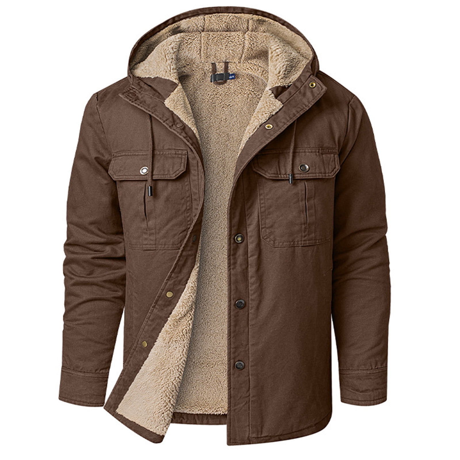 Men s Winter Coats Button Down with Pockets Men s Fleece Extra Thick Stand Collar Long Sleeve Hooded Drawstring Pocket Button Open And Close Coat Long Sleeve Hooded Casual Outwear Jackets Walmart