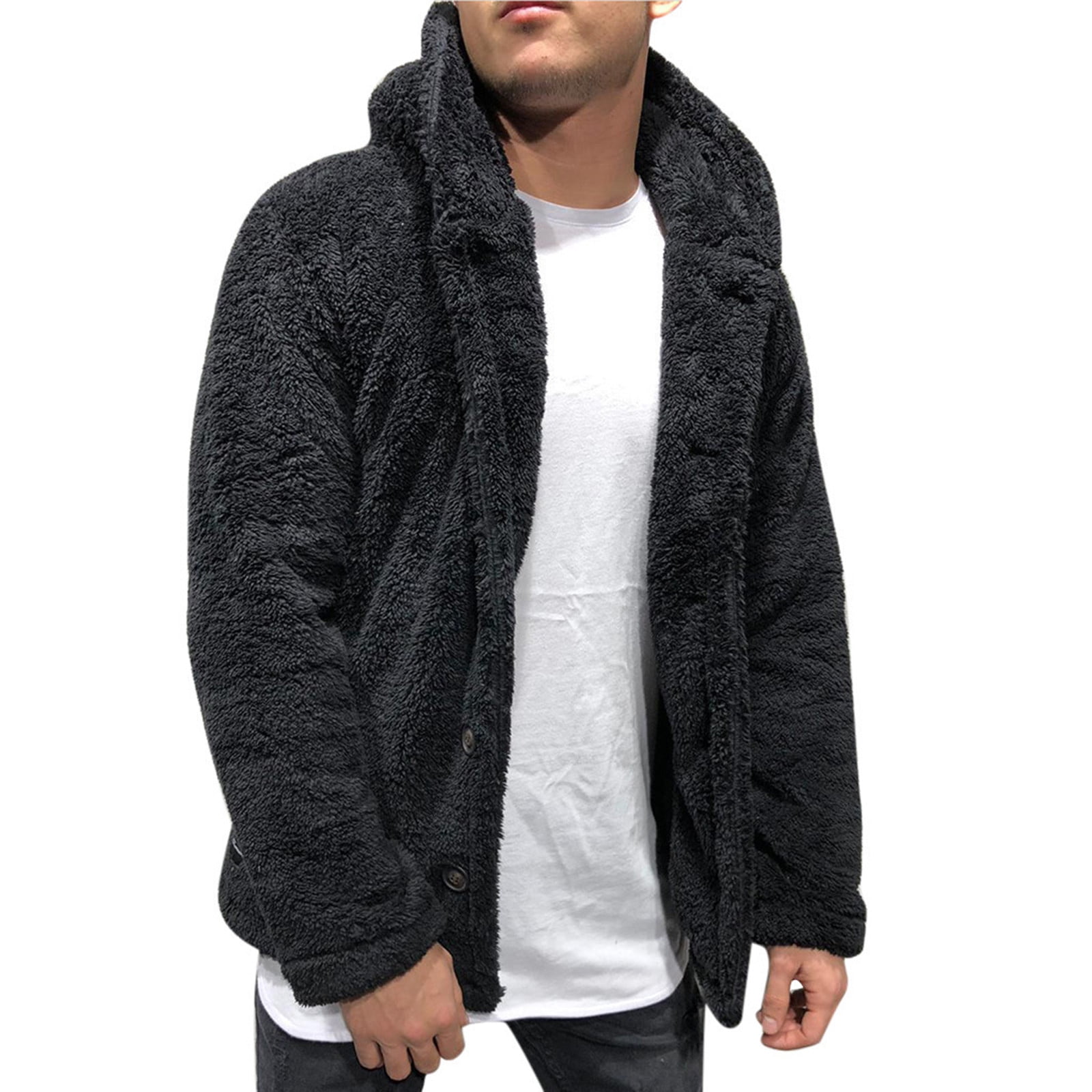 Men Winter Columbia Men S Full Buttons Fleece Jacket Warm Hooded Loose Plus Size Coat Black L Walmart