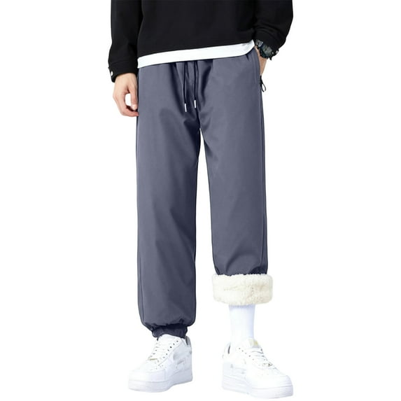 Men Winter Fleece Lined Pants Casual Loose Fit Drawstring Waist Thickened Warm Trousers with Elastic Ankle Cuffs