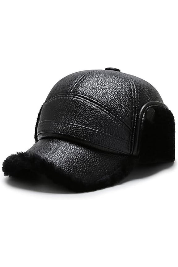 Men Winter Fur Baseball Cap with Foldable Earflaps Warm Hats Dome Artificial Leather 58Cm Curved Brim Ear Protection(Q)