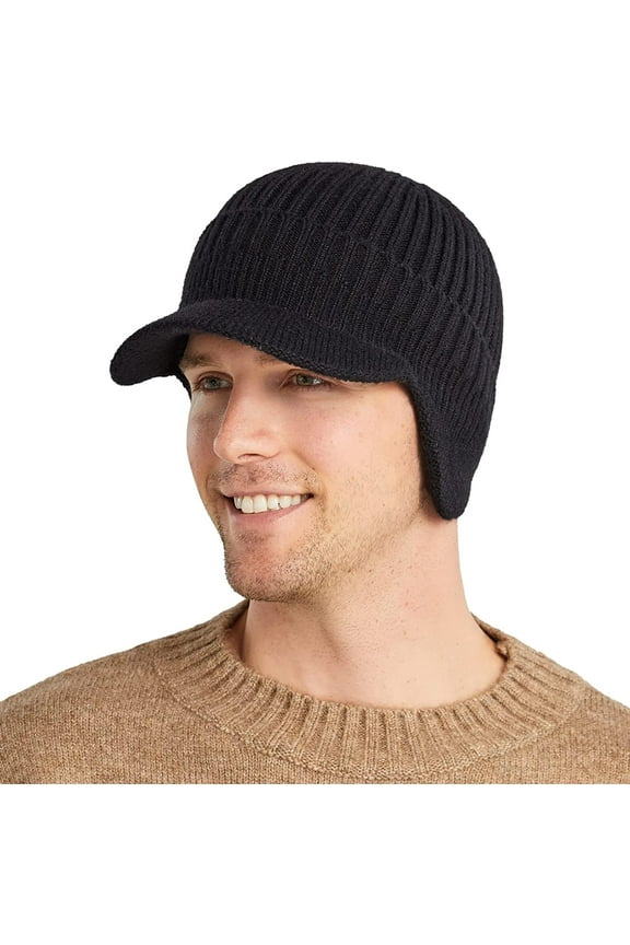 Men Winter Hats for Guys Cool Beanies Lined Knitted Warm Cap Ear-flaps for Men Outdoor Fleece Hat, Black