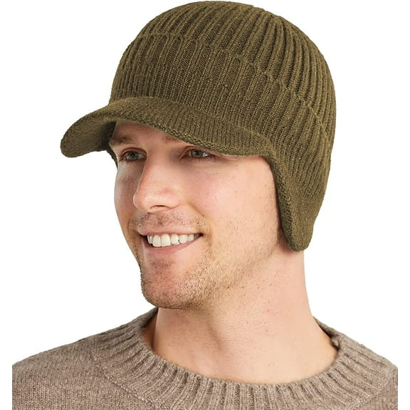 Men Winter Hats for Guys Cool Beanies Lined Knitted Warm Cap Ear-flaps for Men Outdoor Fleece Hat, Khaki