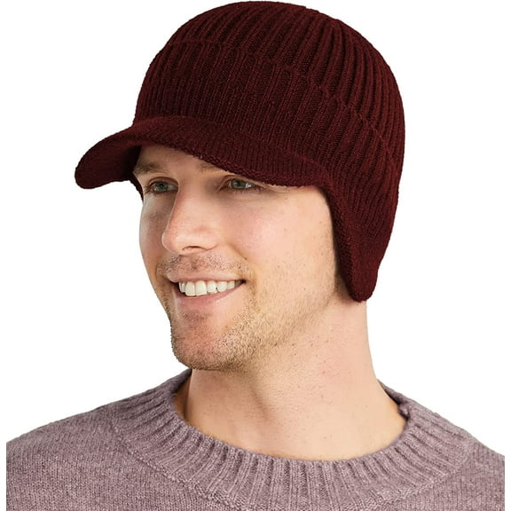 Men Winter Hats for Guys Cool Beanies Lined Knitted Warm Cap Ear-flaps for Men Outdoor Fleece Hat, Wine Red