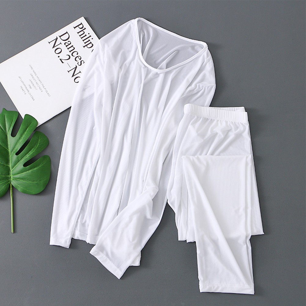 Men Winter Ice Silk Thermal Long Johns Top Bottom Underwear Set Solid