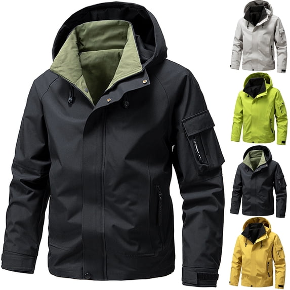 Men Winter Jacket Solid Color Waterproof Jackets Long Sleeved Hooded Workwear with Multiple Pockets Jacket
