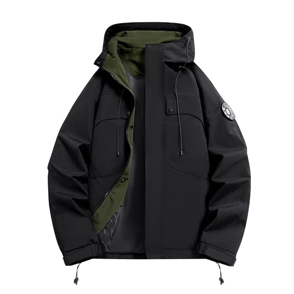 Men Winter Jacket Solid Color Waterproof Long Sleeved Hooded Workwear Outdoor Jacket with Pockets