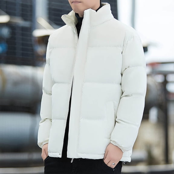 Men Winter Jackets Front Zip Button Down Stand Collar Coat Casual Loose Stylish Thermal Outwear With Pockets (XL, Khaki)