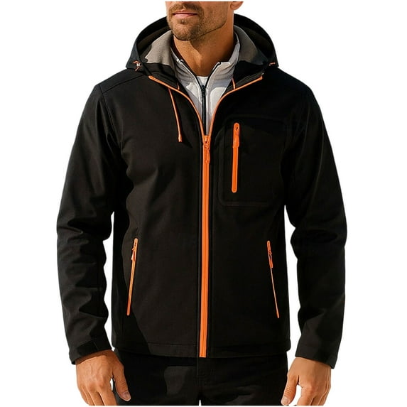 Men Winter Jackets Full-zip Waterproof Windbreaker Fleece Lined Thick Warm Hooded Coat Windproof Outdoors Outerwear (L, Black)