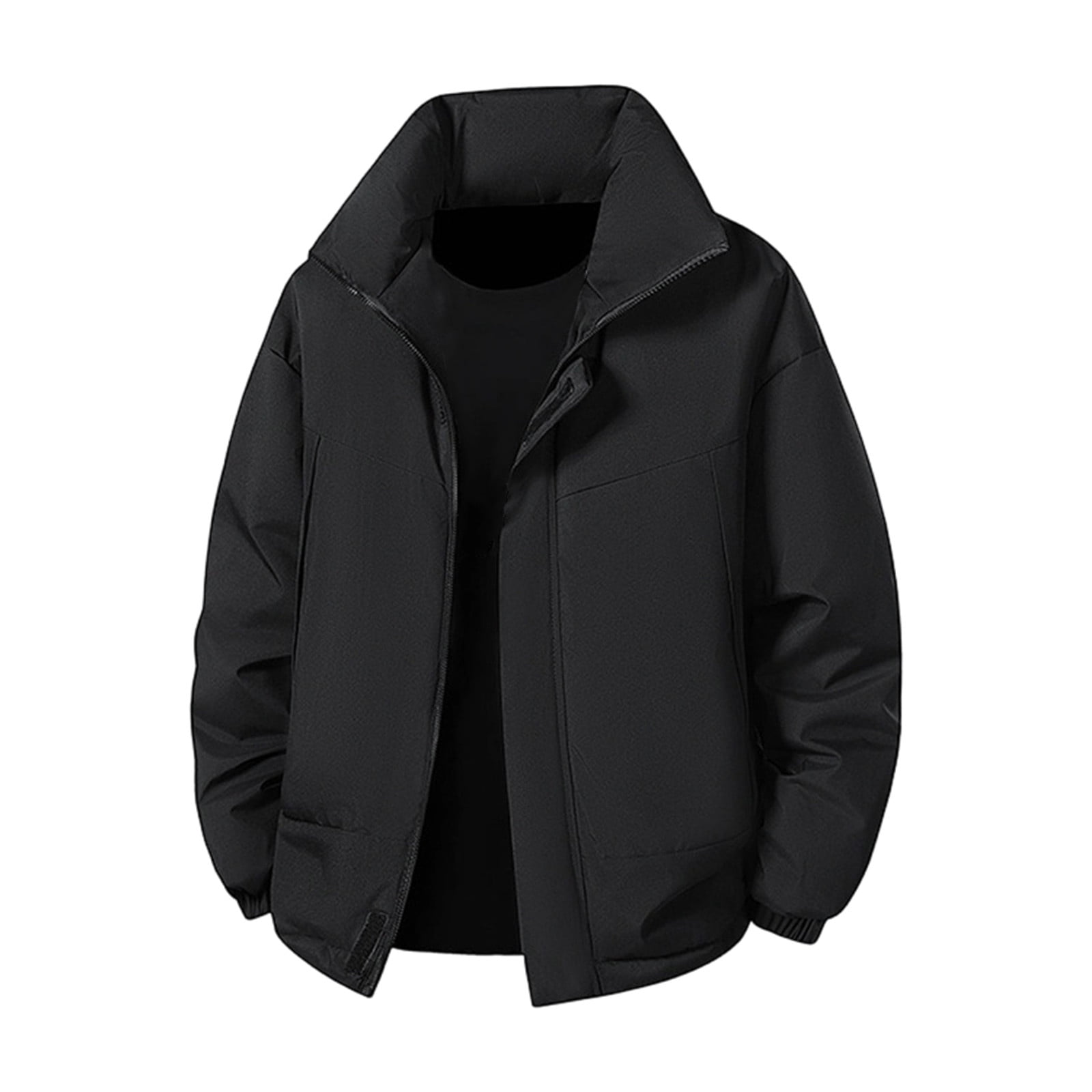 Men Winter Jackets Stand Collar Front Zipper Velcro Solid Color