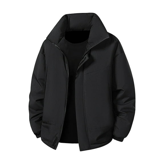 Men Winter Jackets Stand Collar Front Zipper Velcro Solid Color Outwear Thick Thermal Casual Stylish Coat With Pockets (L, Black)