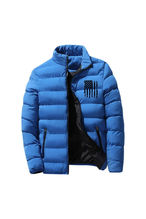 Men Winter Jackets Warm Down Puffer Jacket American Flag Print Stand Collar Full Zip Quilted Insulated Coat