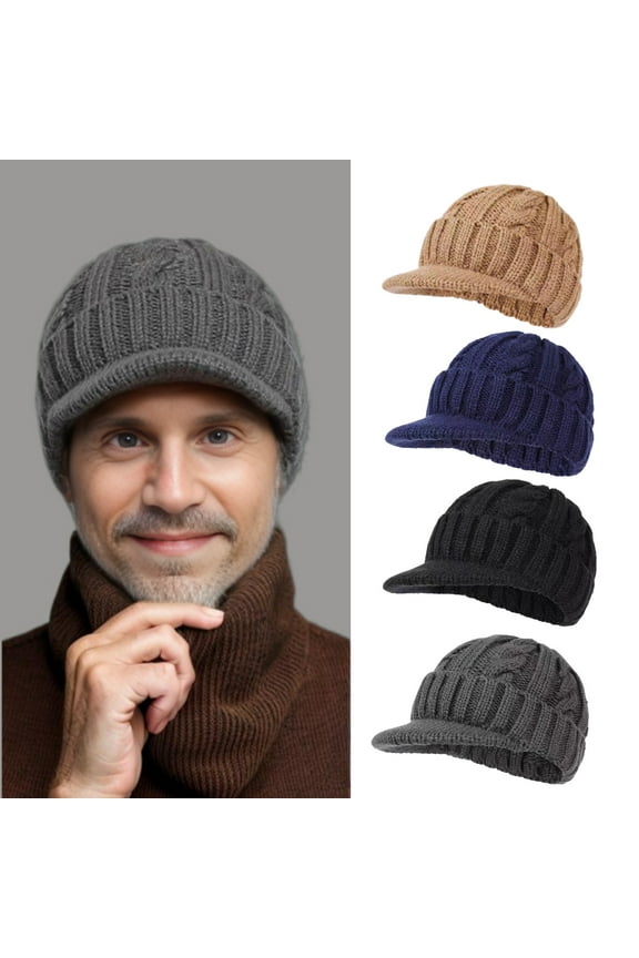 Men Winter Knit Visor Cuff Beanie Fleece Lined Warm Ski Skull Cap