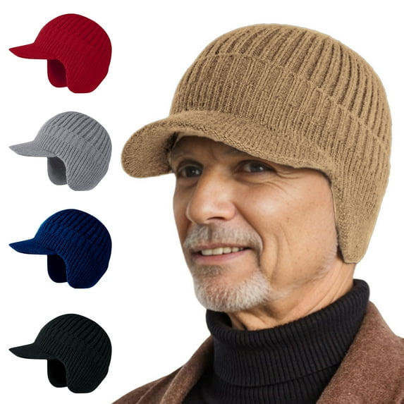 Men Winter Knitted Hat with Short Brim Thick Windproof Ear Keep Warm Grandpa Beanie Elastic Outdoor Cap Outdoor School Commuting Beanie