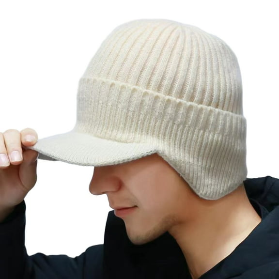 Men Winter Knitted Peaked Hat with Earmuffs Windproof Warm Earflap Hat Outdoor Cycling Baseball Hat Knitted Newsboy Hat with Visor