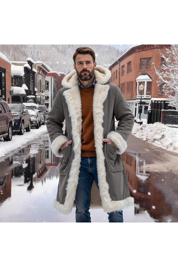 Men Winter Long Coat Oversized Casual Solid Color Fleece Lined Hooded Cardigan Open Front Christmas Loose Long Jacket Gray S