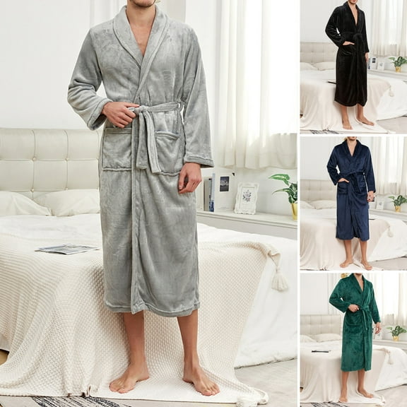 Men Winter Nightgown - Thick Flannel Warm Tight Waist with Lace Up Belt Solid Color Lapel Pockets Great Water Absorption Mid Length Homewear
