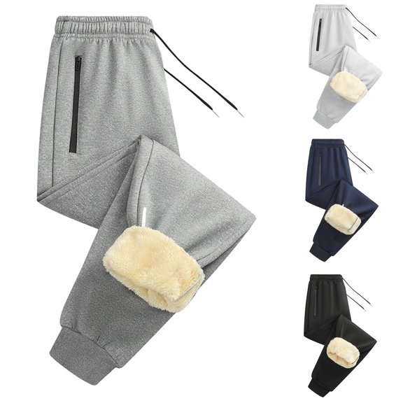 Men Winter Pant Lined Casual Joggers Soft Fit Drawstring Elastic Waisted Athletic Dark Gray Pant