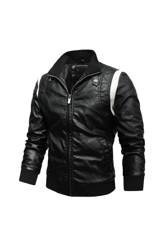 Men Winter Pu-Leather Patchwork Contrasting Color Stand-Up Collar Zipper Outdoor Recreation Coat Thermal Thick Jackets Coats