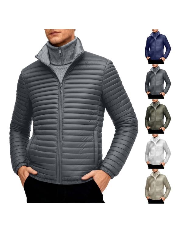 Men Winter Puffer Coat Warm Packable Lightweight Quilted Puffer Jacket Slim Fit Stand Collar Windproof Insulated Travel Winter Coat