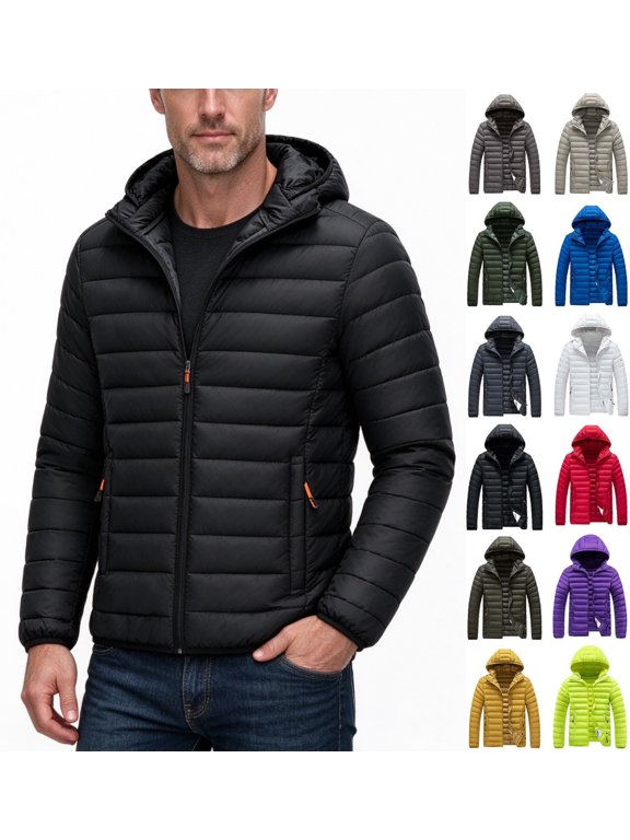 Men Winter Puffer Jacket Solid Color Hooded Thin Lightweight Coat,Warm Packable Zip Up Outerwear for Daily Wear
