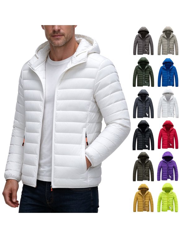 Men Winter Puffer Jacket Solid Color Hooded Thin Lightweight Coat,Warm Packable Zip Up Outerwear for Daily Wear