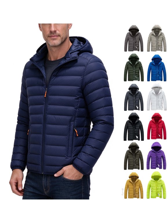 Men Winter Puffer Jacket Solid Color Hooded Thin Lightweight Coat,Warm Packable Zip Up Outerwear for Daily Wear