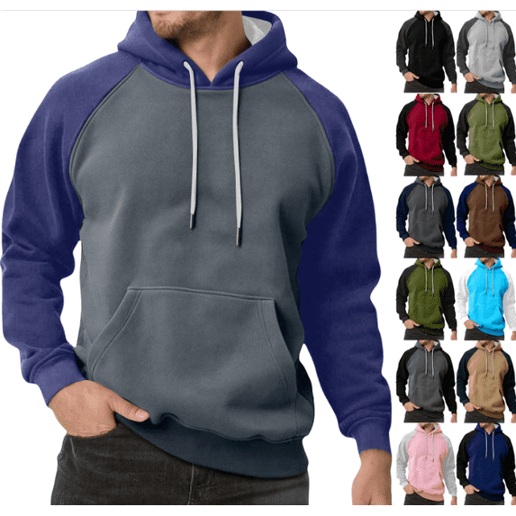 Men Winter Raglan Color Block Hoodie Long Sleeve Pullover Contrast Sleeve Solid Street Sweatshirts with Pocket (Dark Gray,XXL)