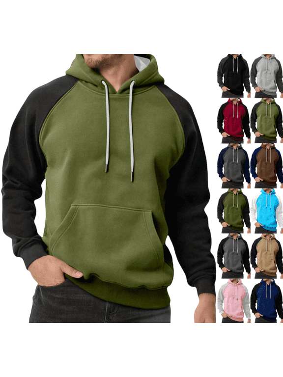 Men Winter Raglan Color Block Hoodie Long Sleeve Pullover Contrast Sleeve Solid Street Sweatshirts with Pocket (Green,3XL)