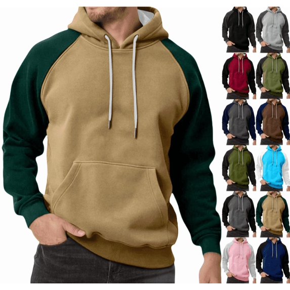 Men Winter Raglan Color Block Hoodie Long Sleeve Pullover Contrast Sleeve Solid Street Sweatshirts with Pocket (Khaki,XXL)