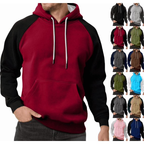 Men Winter Raglan Color Block Hoodie Long Sleeve Pullover Contrast Sleeve Solid Street Sweatshirts with Pocket (Wine,XL)