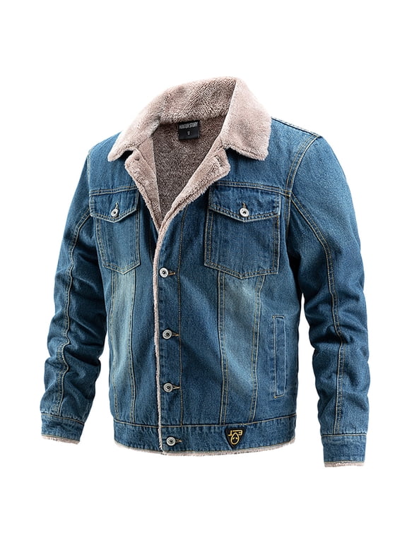 Men Winter Sherpa Lined Denim Jacket Windbreaker Trucker Jacket Fleece Jean Jacket Winter Button Down Fur Lapel Coat