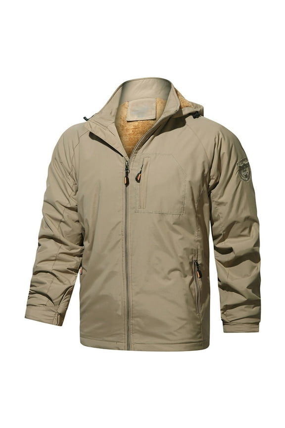 Men Winter Solid Color Snow Coat Classic Hooded Long Sleeve Full Zipper Windbreaker Thermal Coats Outwear