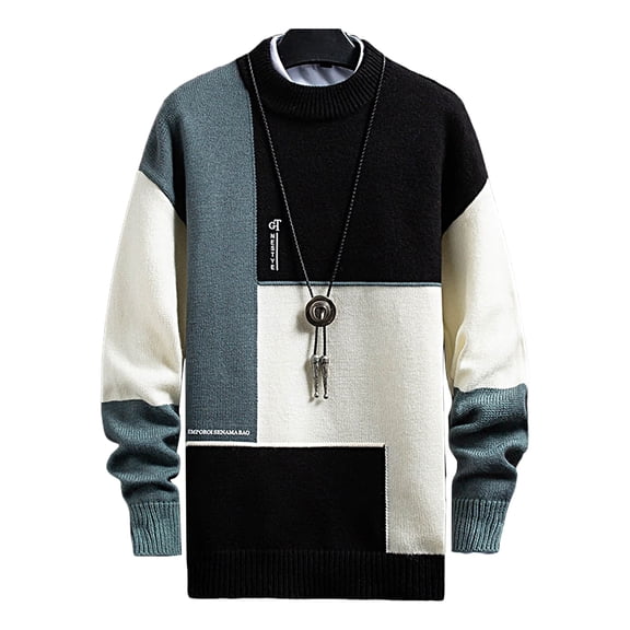 Men Winter Sweater Knitting Long Sleeves Crew Neck Contrast Color Loose Keep Warm Thick Elastic Anti-shrink Spring Sweater for Shopping